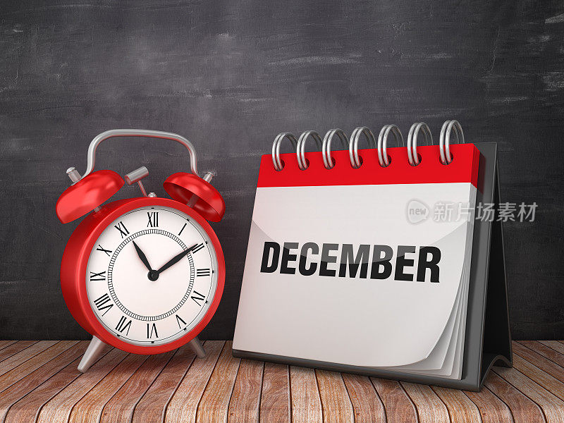 12月日历与闹钟在黑板背景- 3D渲染